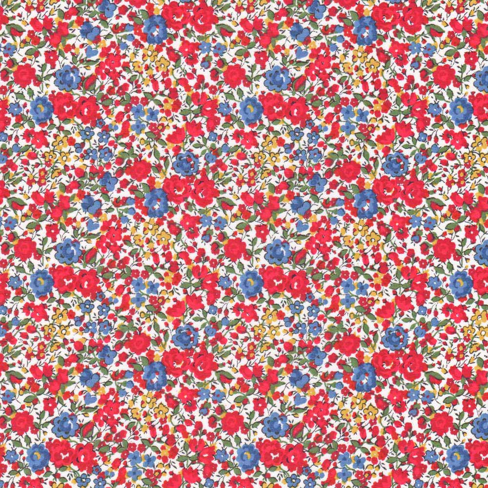Liberty of London Emma and Georgina C fabric with red, blue, and yellow floral print on white
