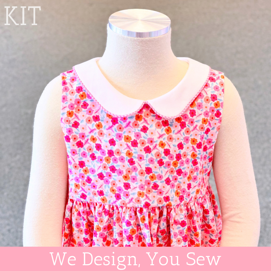 Louise Dress Kit pink floral sleeveless girls dress with white peter pan collar