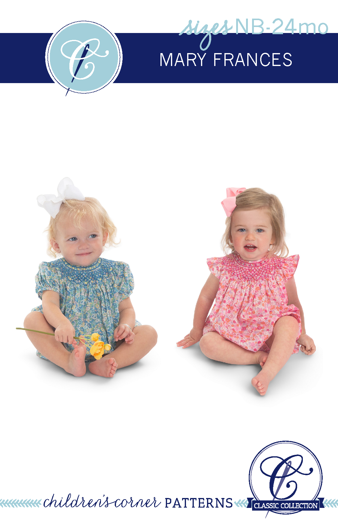 Mary Frances sewing pattern showing two toddlers in smocked floral dresses, sizes newborn to 24 months.