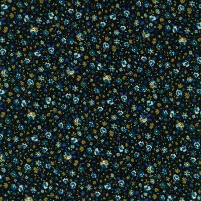 Dark navy corduroy fabric with small blue and olive ditsy floral pattern