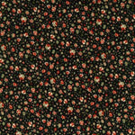 Black corduroy fabric with small red roses and green leaves allover floral pattern