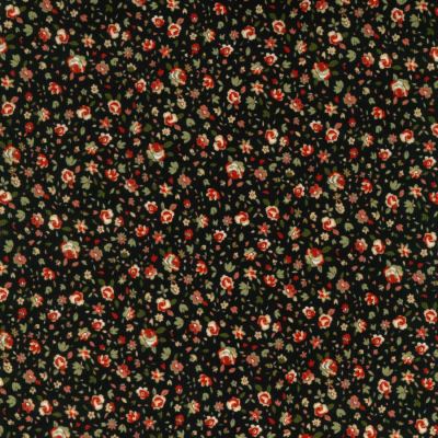 Black corduroy fabric with small red roses and green leaves allover floral pattern