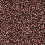 Dark charcoal fabric with scattered pink floral clusters and green stems pattern
