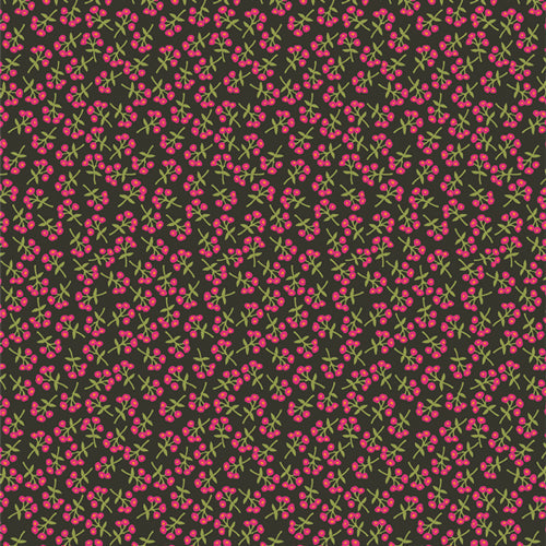 Dark charcoal fabric with scattered pink floral clusters and green stems pattern