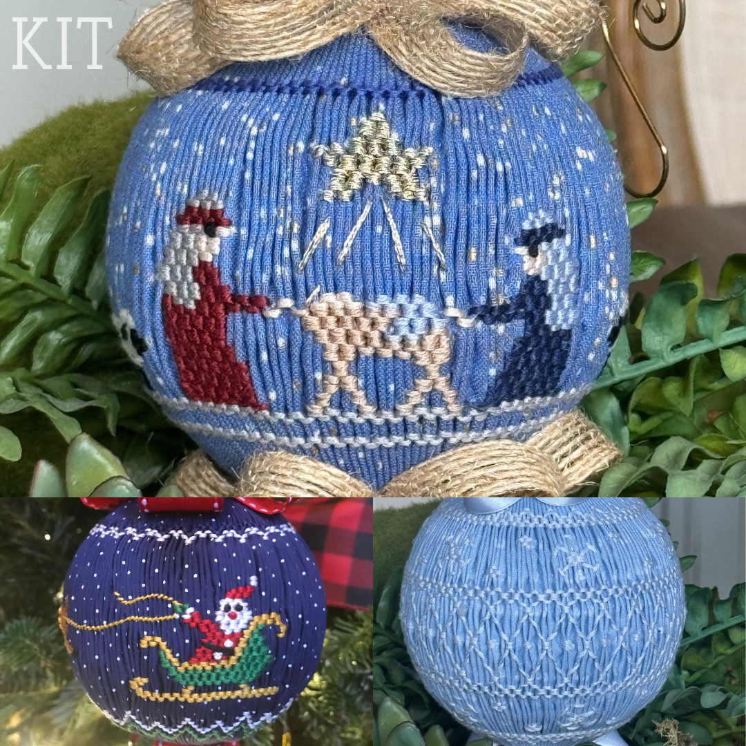 Smocked Christmas ornament kit featuring nativity scene, Santa sleigh, and star lattice designs