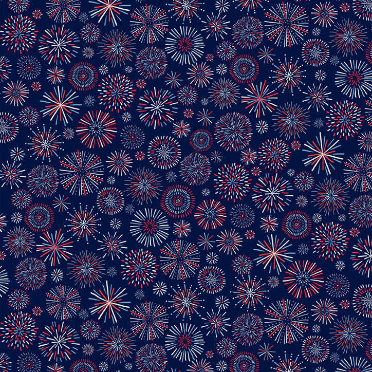 Navy blue fabric with red, white, and blue fireworks burst pattern allover print