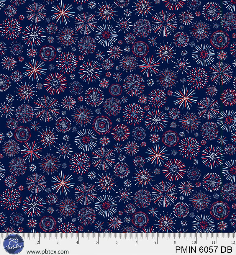 Navy blue fabric with red and white fireworks burst pattern, patriotic Americana design