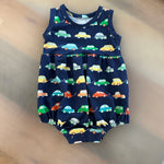Navy blue sleeveless baby bubble romper with colorful cars print and snap closure