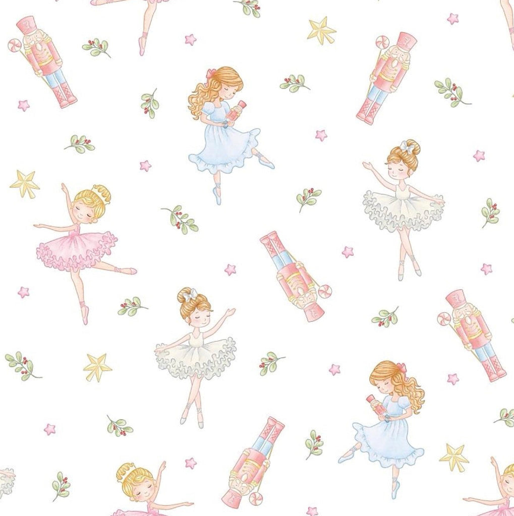 Pattern of ballet dancers and Christmas trees on a white background