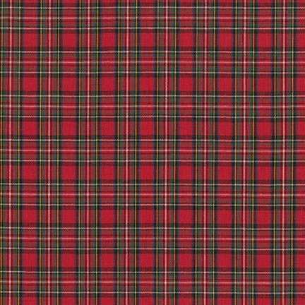 Red tartan plaid fabric with green, black, and yellow crosshatch stripes