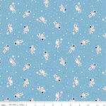 NASA space fabric with astronauts floating among stars on sky blue background with ruler
