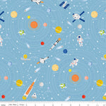NASA themed fabric with solar system planets astronauts rockets on sky blue background