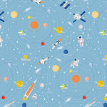 NASA space themed fabric with planets astronauts rockets on sky blue background