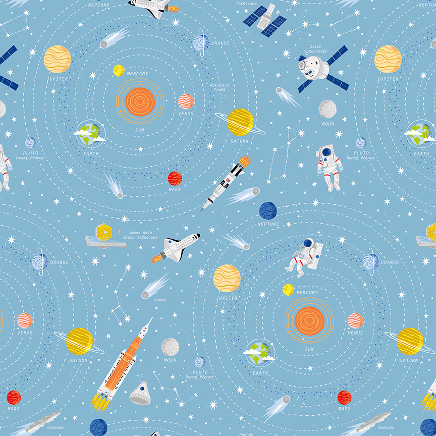 NASA space themed fabric with planets astronauts rockets on sky blue background