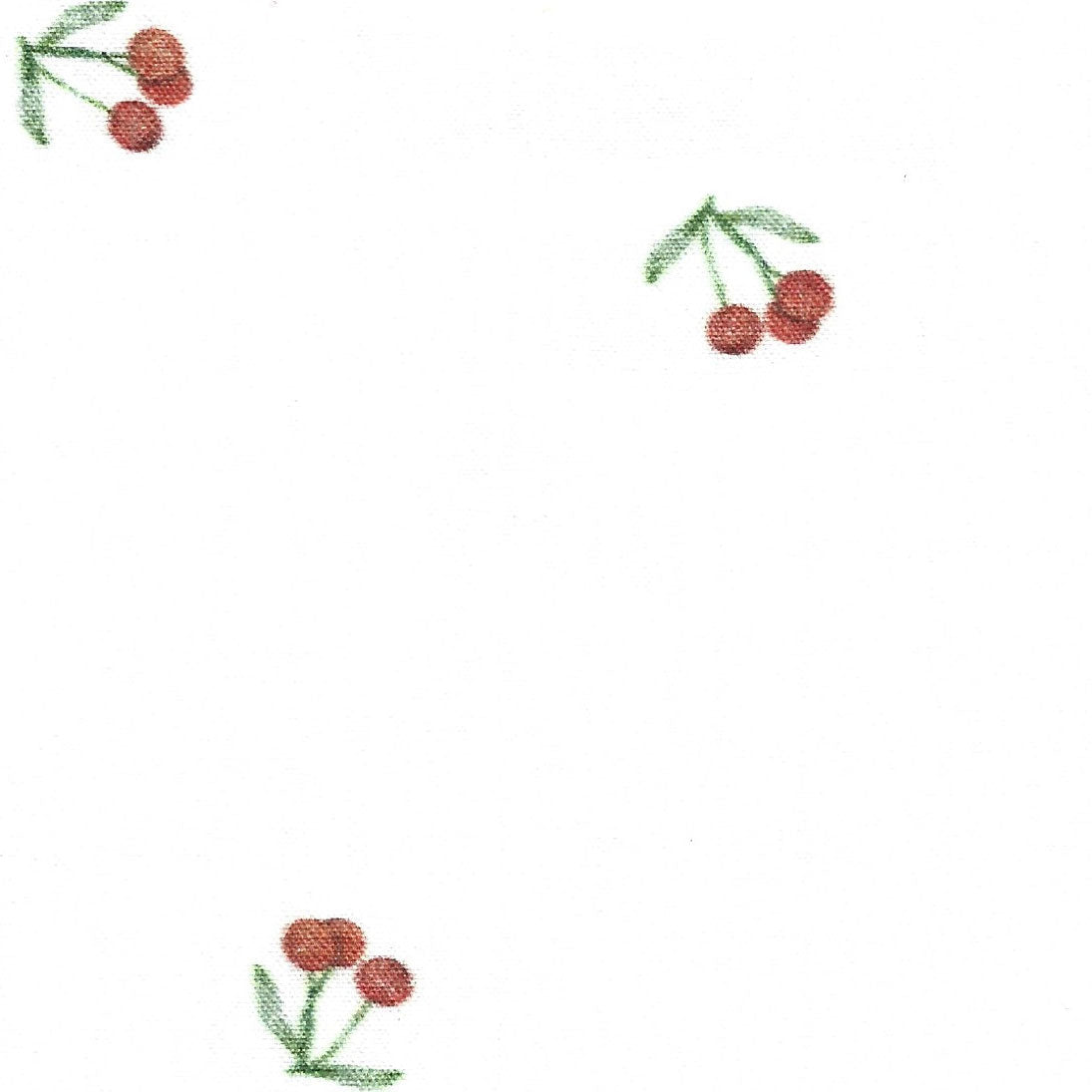 White seersucker fabric with small scattered red cherry clusters and green leaves pattern