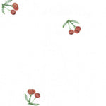 White seersucker fabric with small scattered red cherry clusters and green leaves pattern