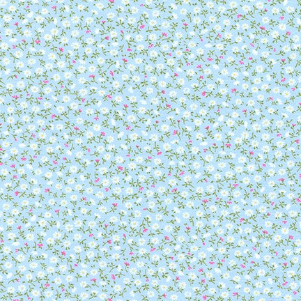 Light blue cotton fabric with small white flowers and pink buds on green stems