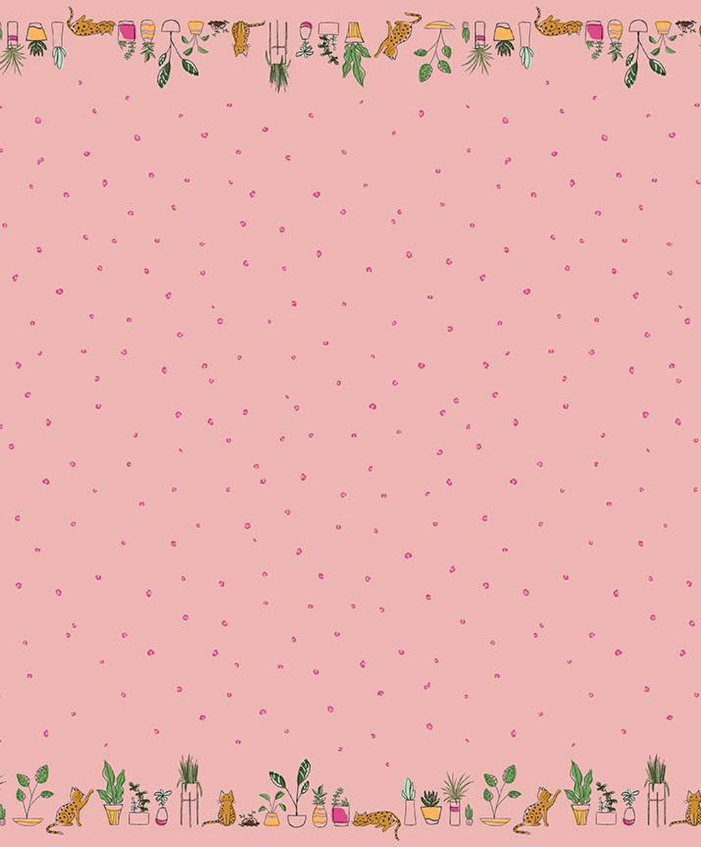 Pink cotton fabric with scattered dots and cat and plant illustrated borders top and bottom.