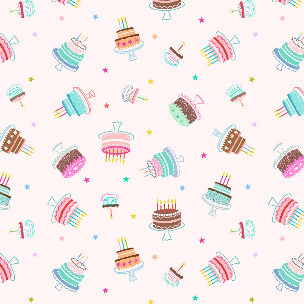A repeating seamless pattern featuring cute illustrations of birthday cakes, cupcakes, and ice cream cones in pastel colors on a pale pink background with small star accents.