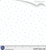White flannel fabric with scattered blue polka dots in varied shades and sizes