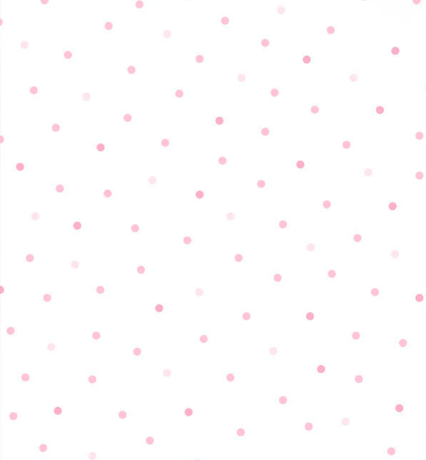 White flannel fabric with scattered pink polka dots in varying shades and sizes