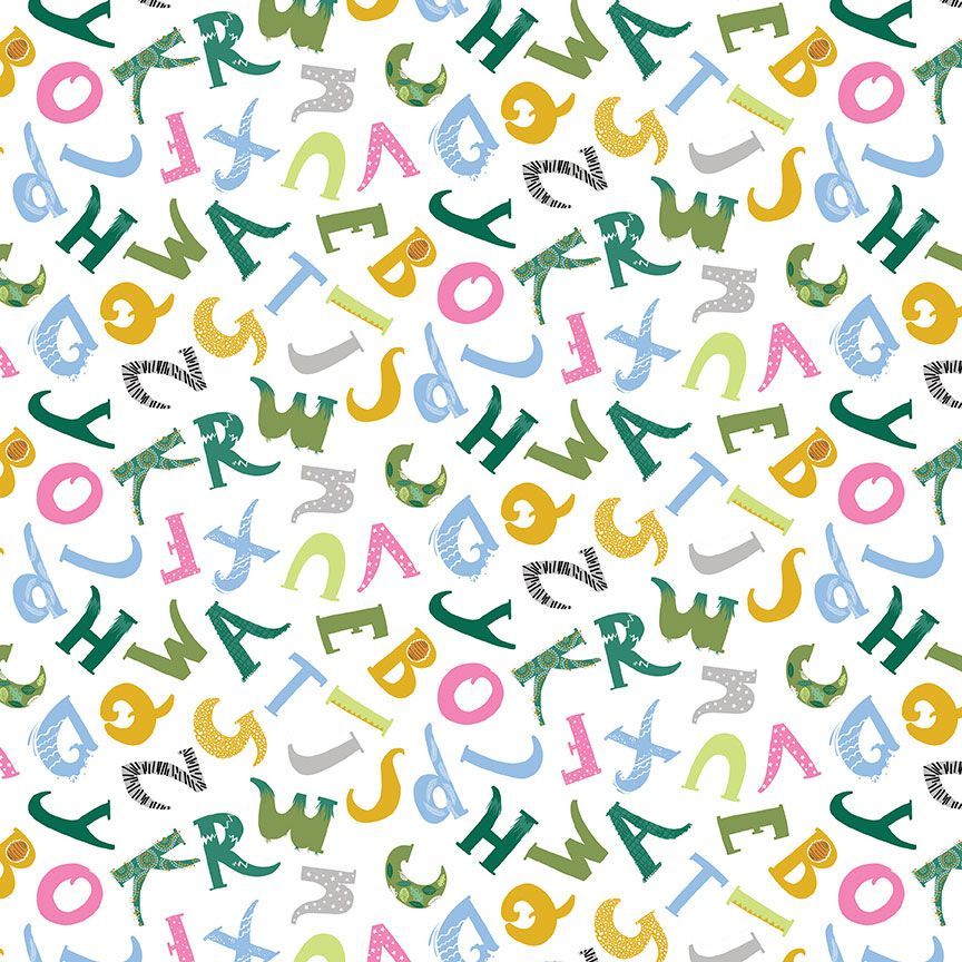 White quilting fabric with colorful scattered alphabet letters in pink, green, blue, and gold