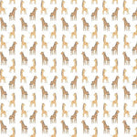 White fabric with repeating small illustrated giraffe pattern in tan and brown tones