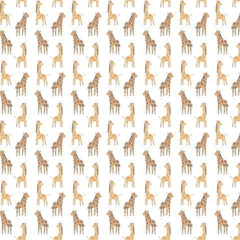 White fabric with repeating small illustrated giraffe pattern in tan and brown tones