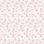 Pink ballet pointe shoes and ribbon bows scattered pattern on white fabric background
