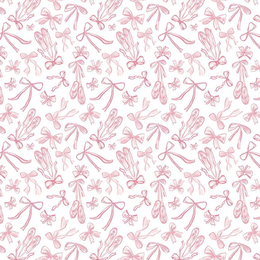 Pink ballet pointe shoes and ribbon bows scattered pattern on white fabric background
