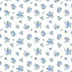 Scattered blue watercolor roses with green leaves on white cotton fabric by Dear Stella