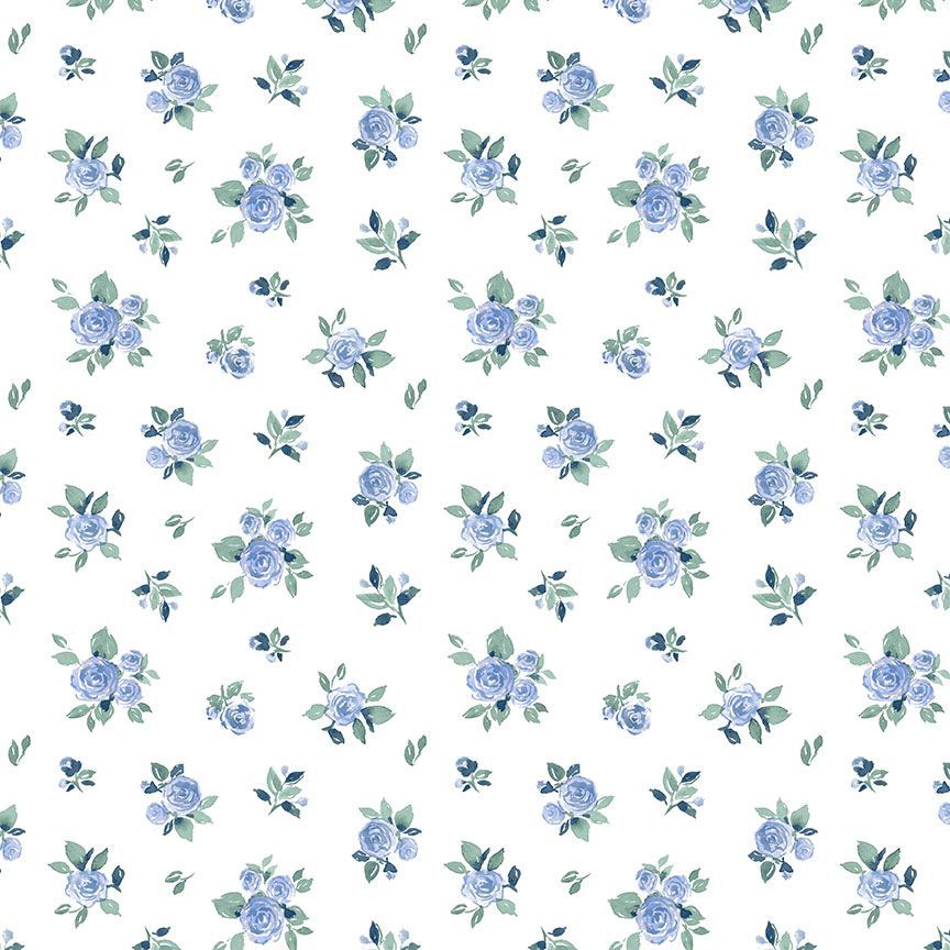 Scattered blue watercolor roses with green leaves on white cotton fabric by Dear Stella