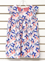 Girl's white dress with red and blue bow print, flutter sleeves, size 24mo