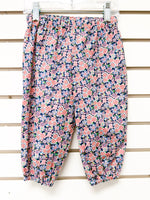 Navy floral print baby bloomers with elastic waist and ankles, size 18 months