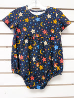 Navy baby romper with colorful stars and moons pattern, short sleeves, size 12mo