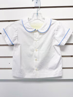 White toddler boy short-sleeve shirt with blue piping trim and Peter Pan collar