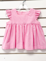 Pink gingham flutter-sleeve baby tunic with square neck and gathered skirt, size 18 months