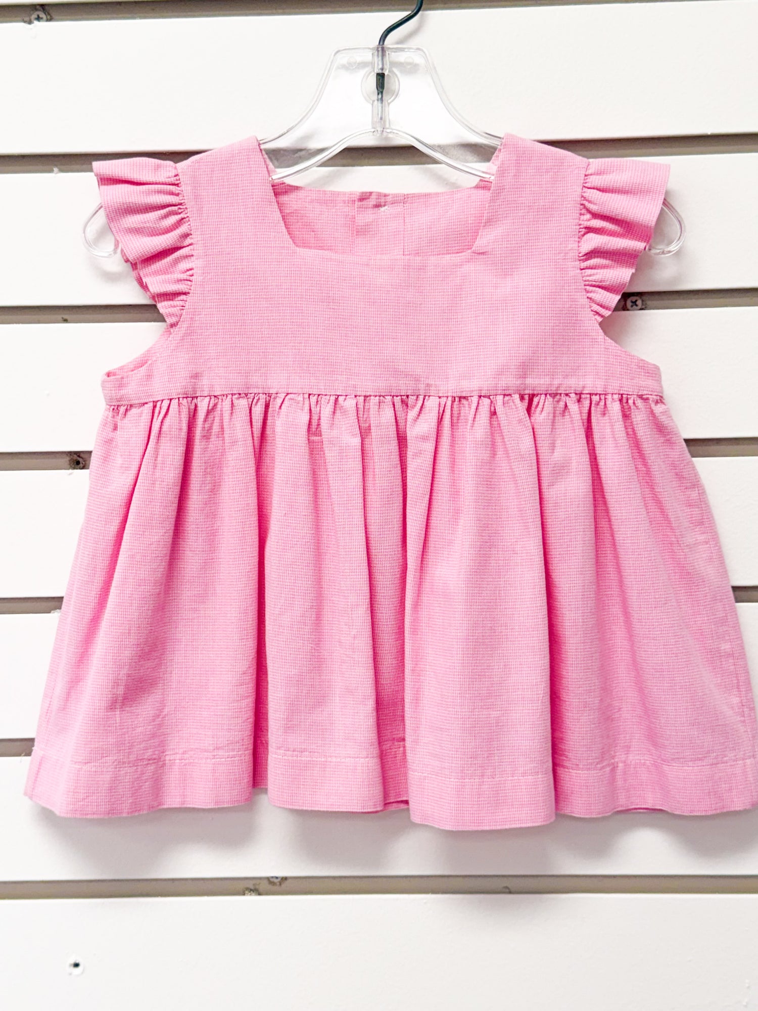 Pink gingham flutter-sleeve baby tunic with square neck and gathered skirt, size 18 months
