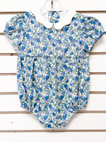 Baby girl bubble romper, blue floral print, white peter pan collar, short sleeves, size 12M