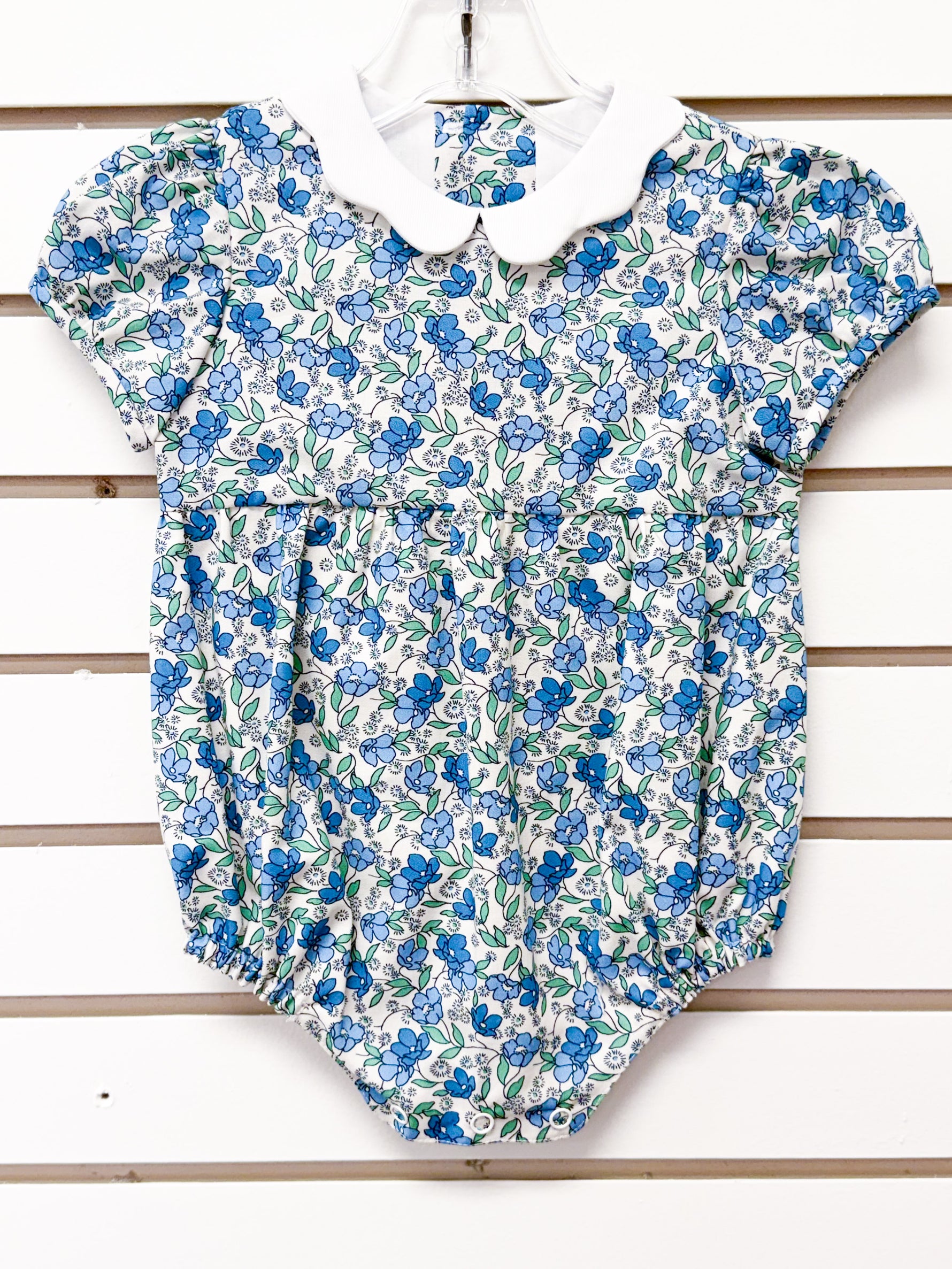 Baby girl bubble romper, blue floral print, white peter pan collar, short sleeves, size 12M