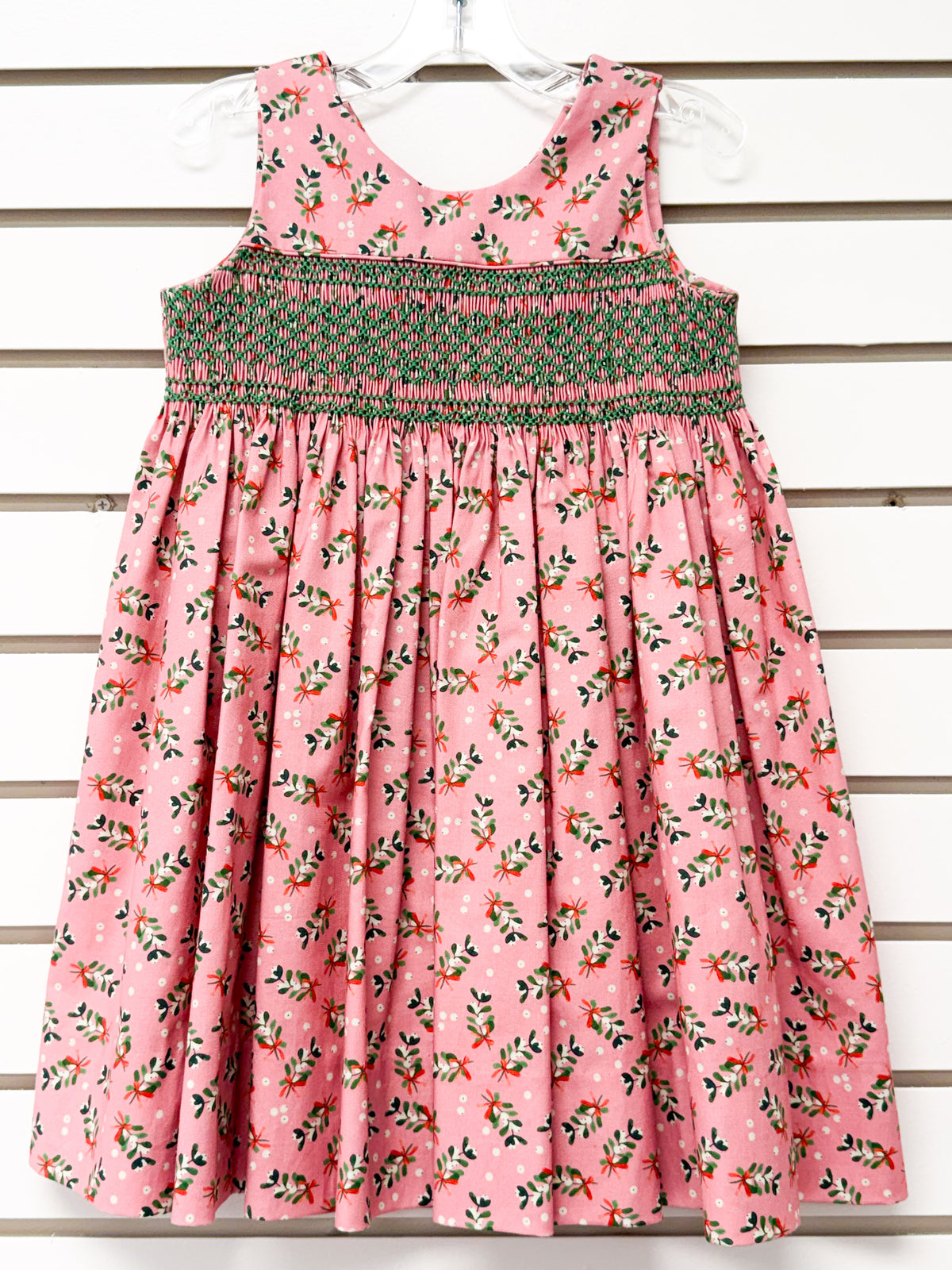 Pink floral smocked sleeveless girls dress size 4 with mistletoe print