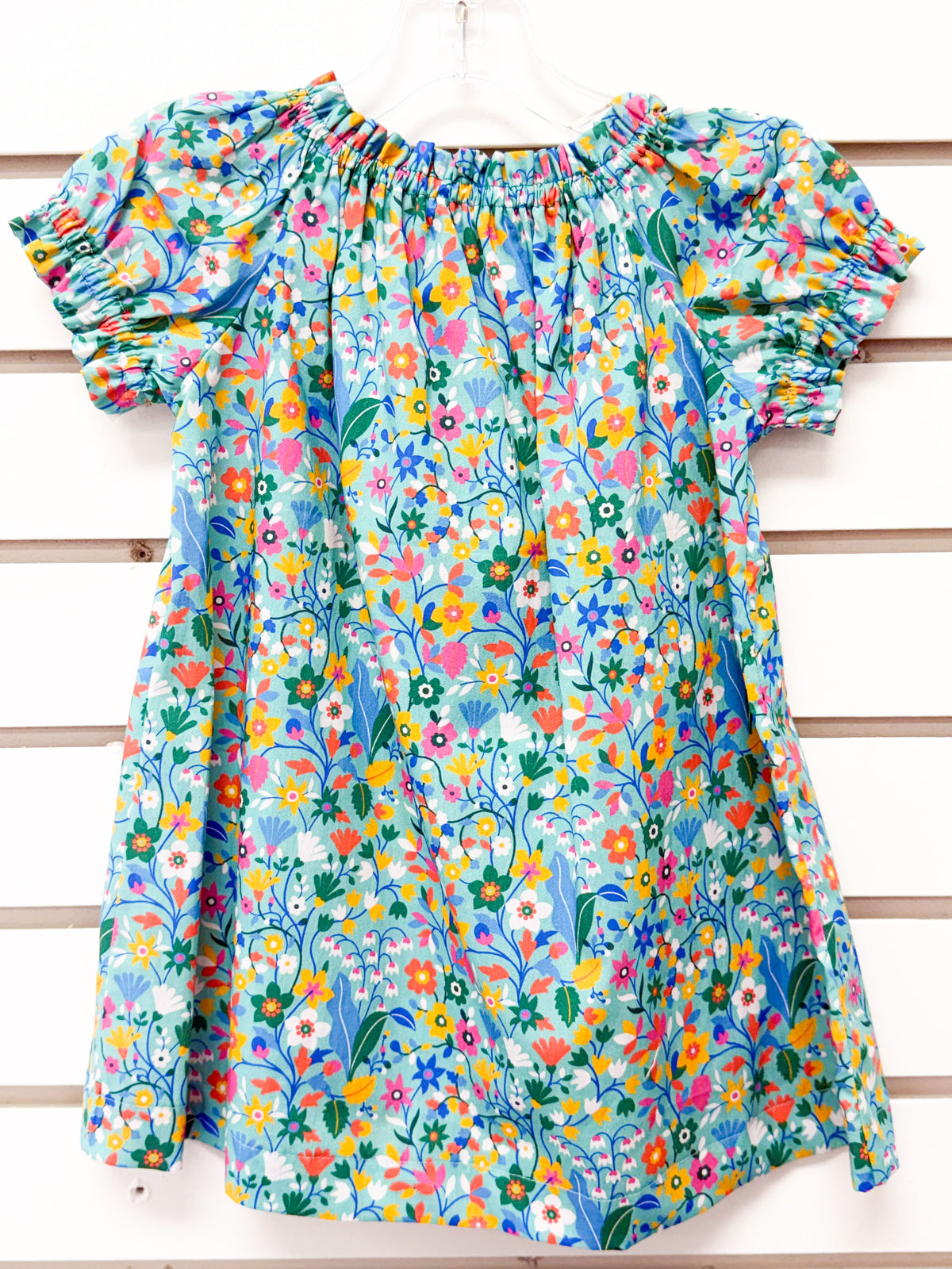 Girl's floral peasant dress, mint background, puff sleeves, size 18 months