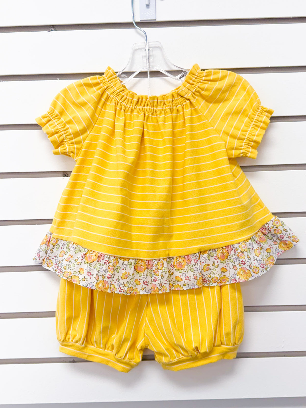 Yellow striped baby tunic top with floral ruffle hem and matching bloomer shorts