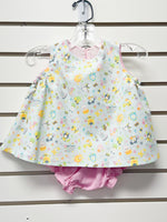 Baby girl 2-piece set: light blue animal print top with pink gingham bloomer shorts
