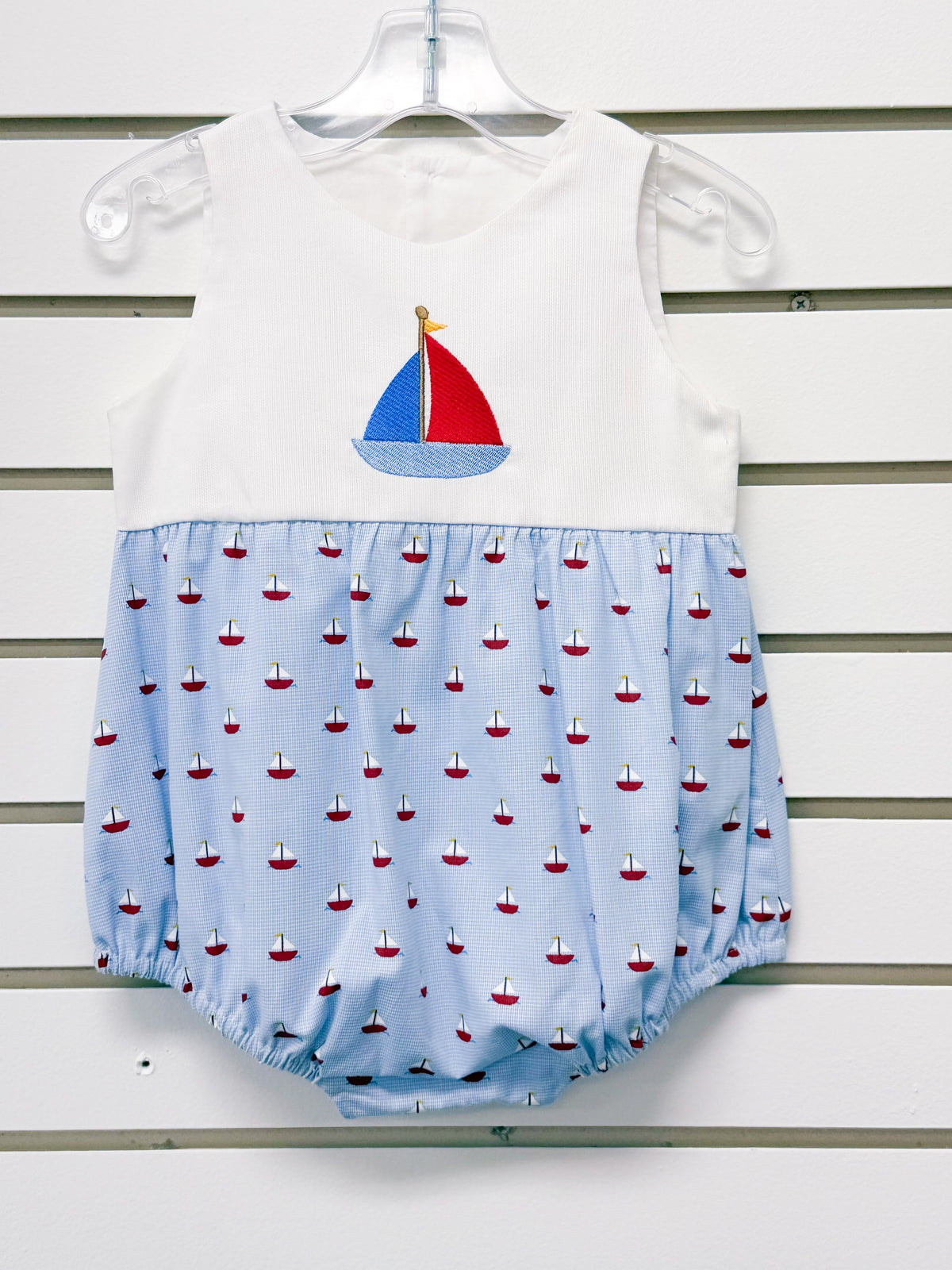 Baby bubble romper with sailboat embroidery, white top, blue gingham bottom, size 12mo