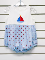 Baby bubble romper with sailboat embroidery, white top, blue gingham bottom, size 12mo