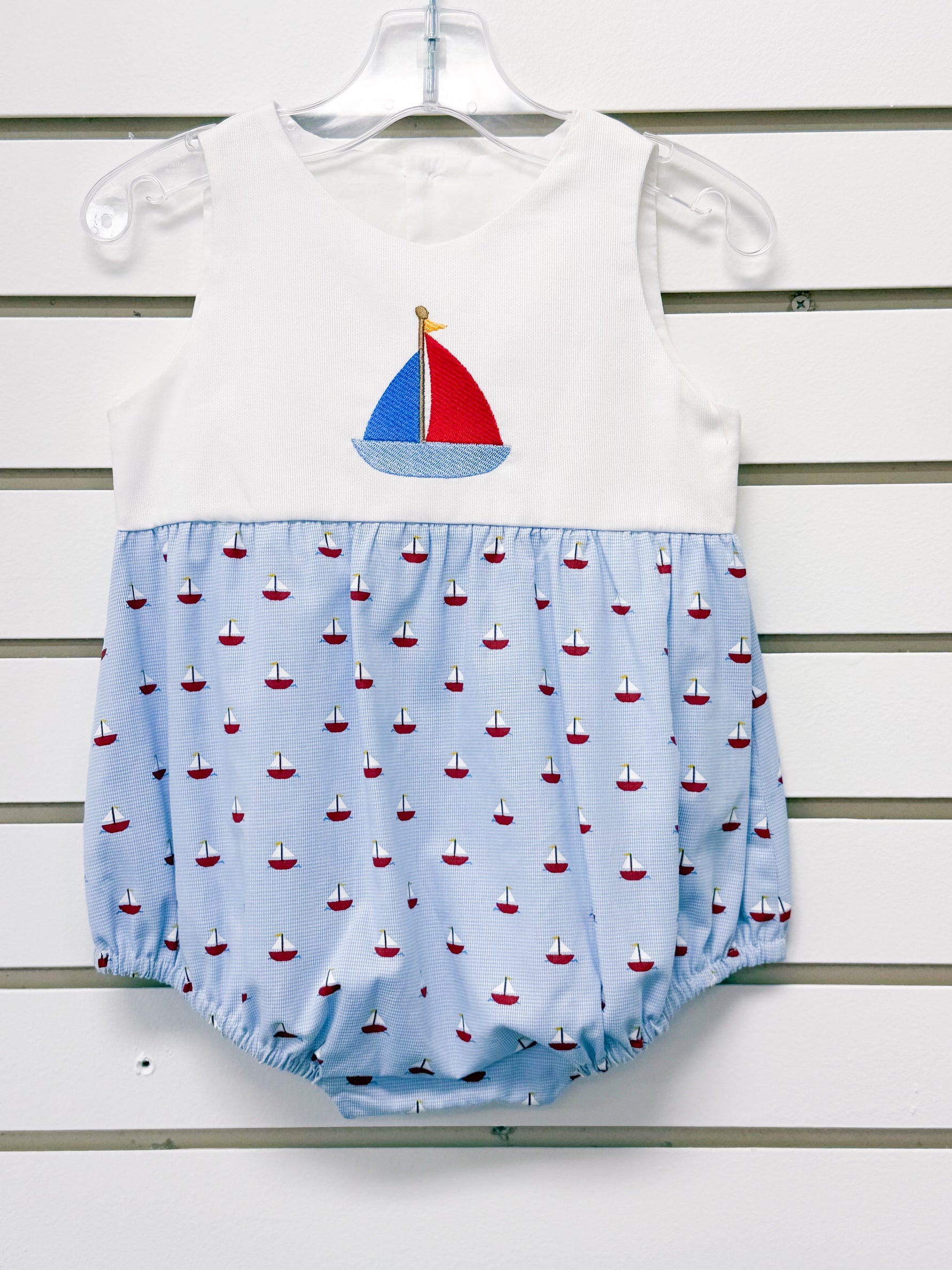 Baby bubble romper with sailboat embroidery, white top, blue gingham bottom, size 12mo