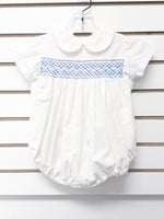 White smocked baby bubble romper with blue embroidery and peter pan collar
