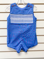Blue plaid smocked baby boy romper with purple buttons, size 18 months