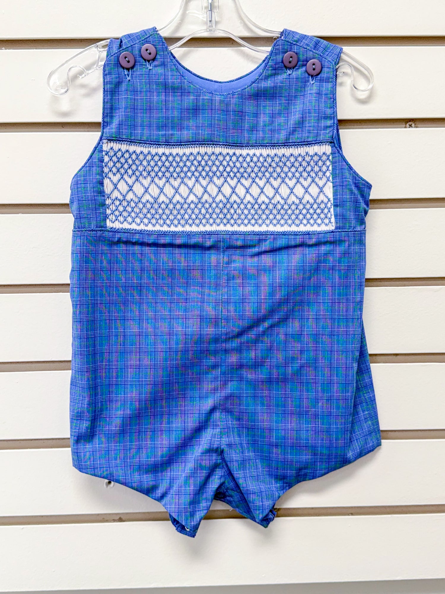 Blue plaid smocked baby boy romper with purple buttons, size 18 months